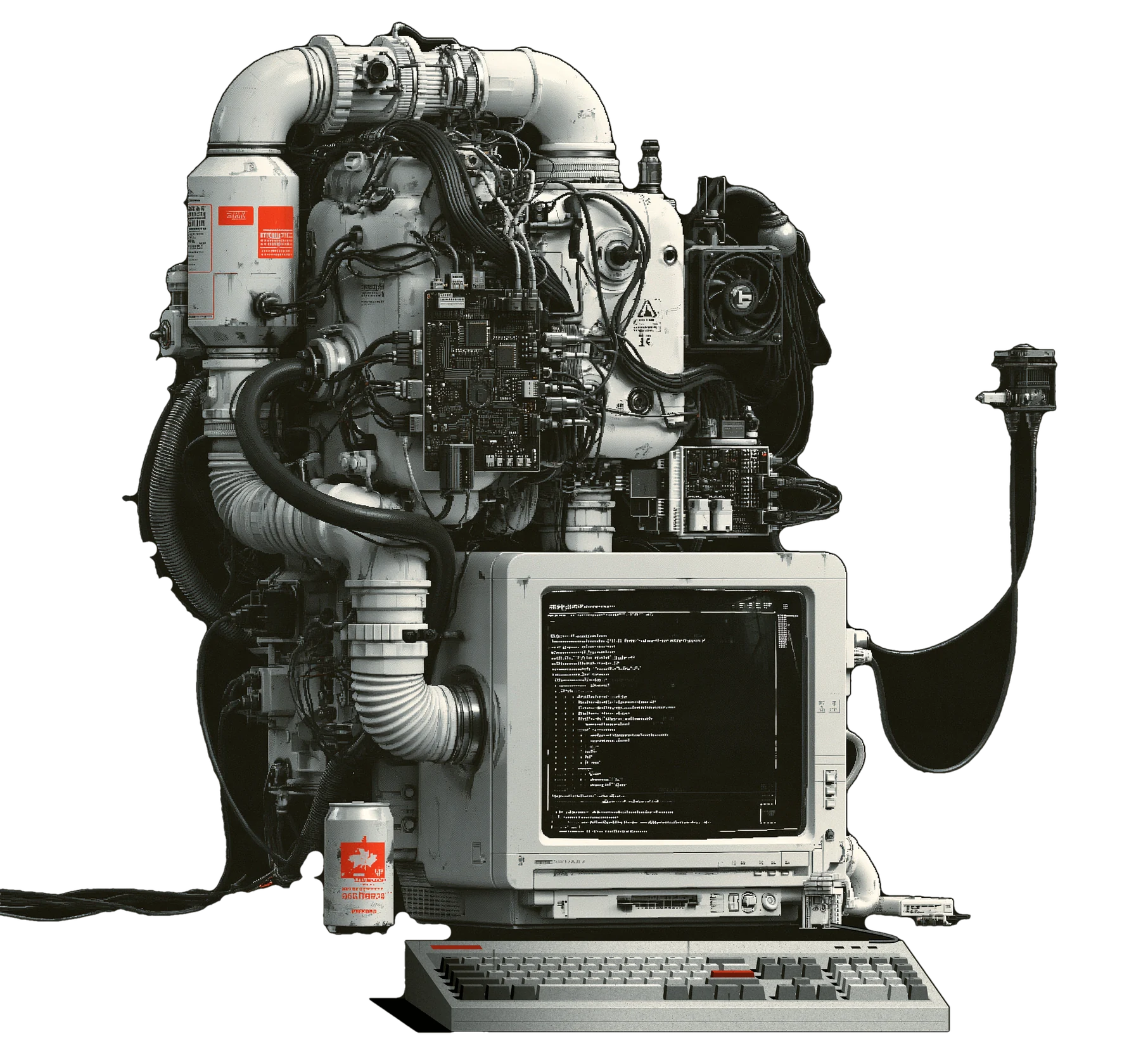 A retro CRT computer fused with white pipes, wiring looms and exposed circuit boards, with a keyboard in front of it
